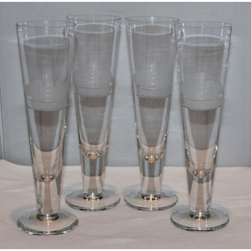 VTG Toscany 10" footed pilsner glasses with etched clipper ship design Set of 4